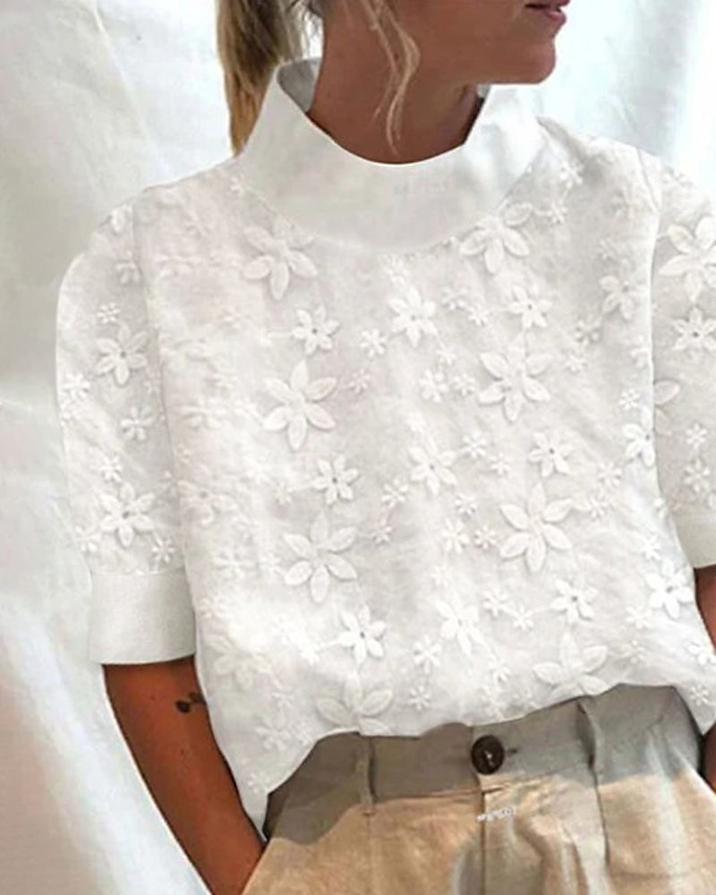 Embroidered Blouse with Stand-Up Collar for Women