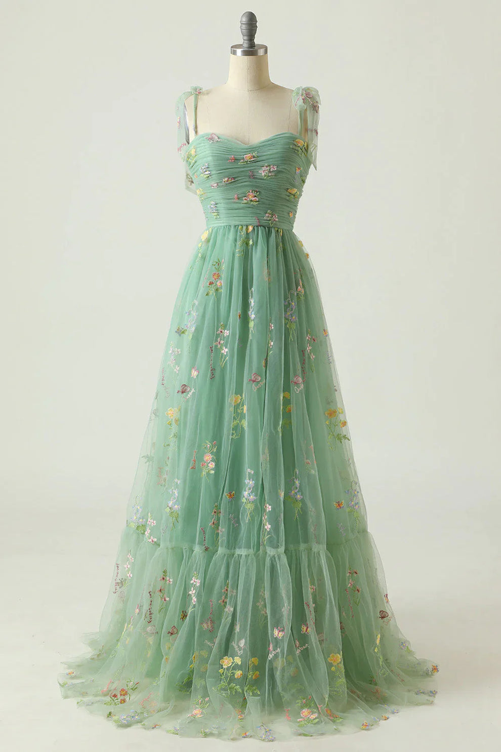 Women's Evening Maxi Dress with Floral Print and Tulle