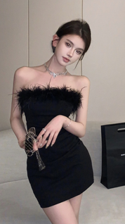 Strapless Mini Dress with Feathers Bodycon Party Dress for Women