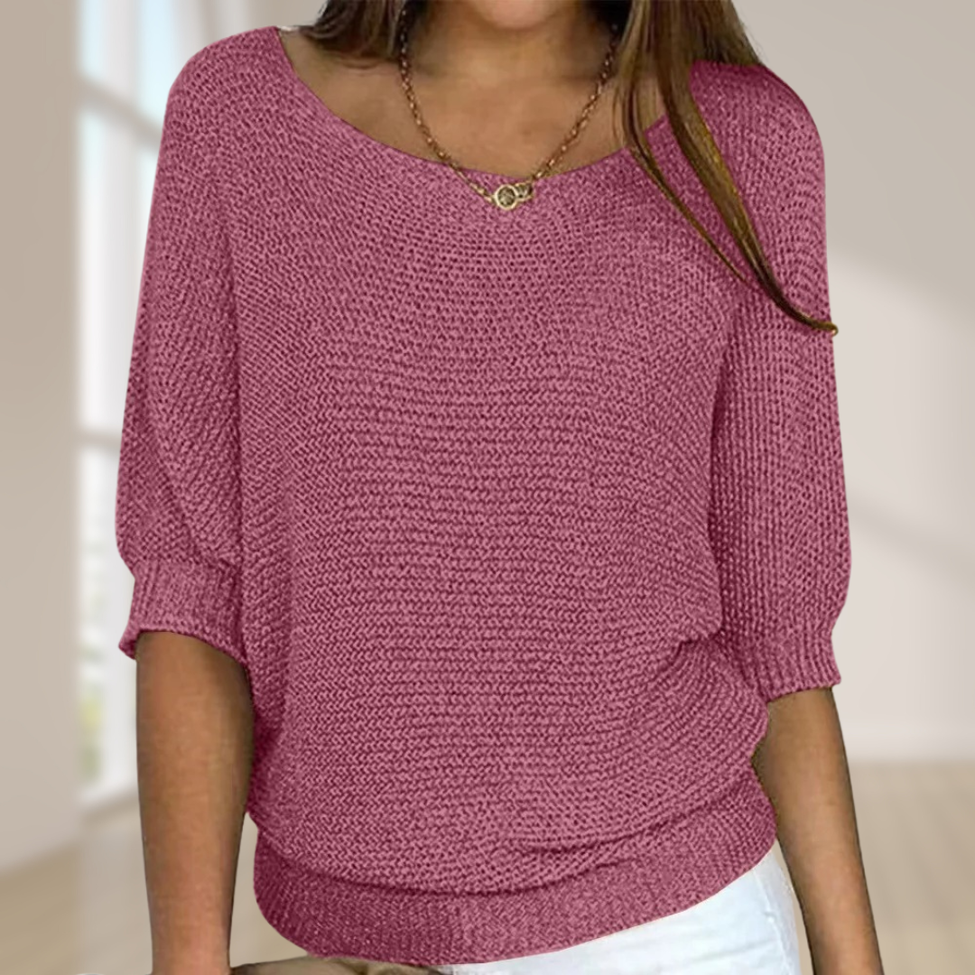 Knitted Sweater for Women with Round Neck and Three-Quarter Sleeves