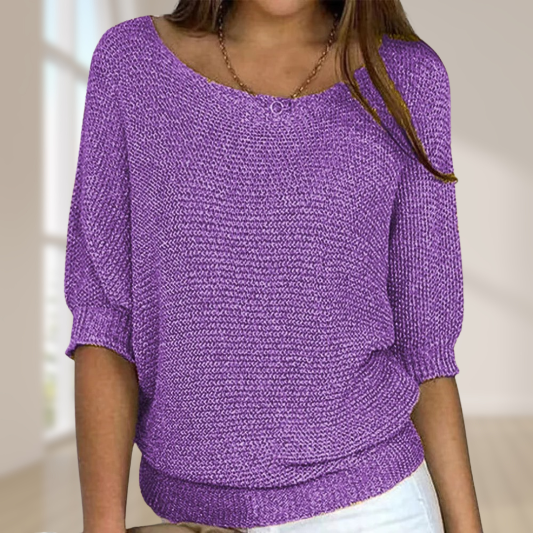 Knitted Sweater for Women with Round Neck and Three-Quarter Sleeves