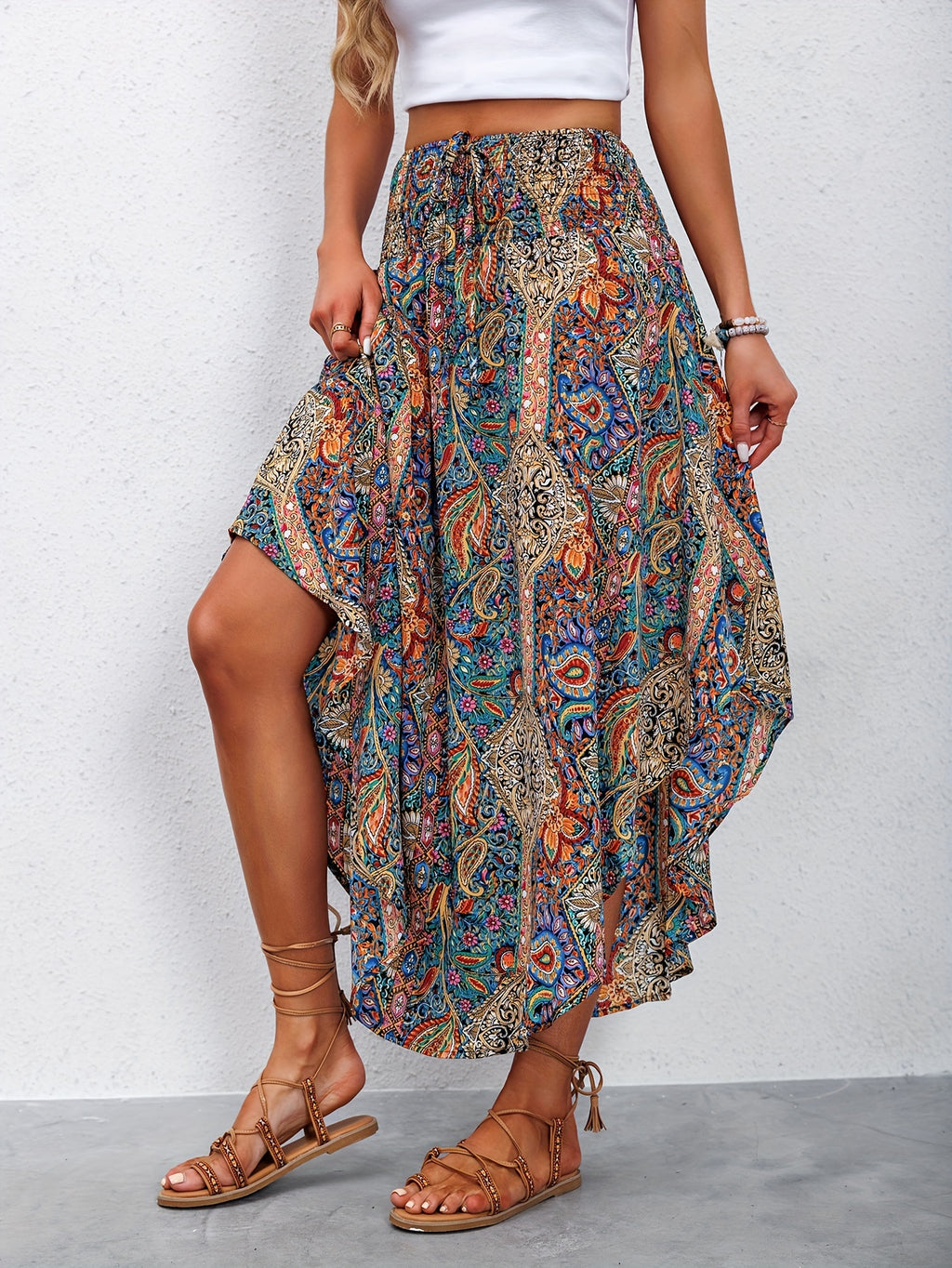 Bohemian asymmetrical paisley maxi skirt for women