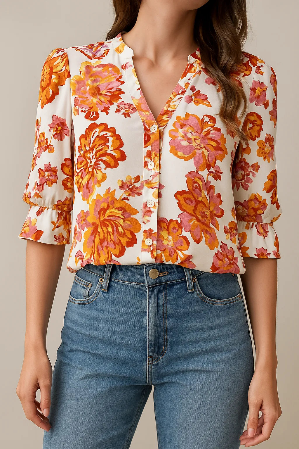 Blouse with Floral Print and V-Neck with Three-Quarter Sleeves