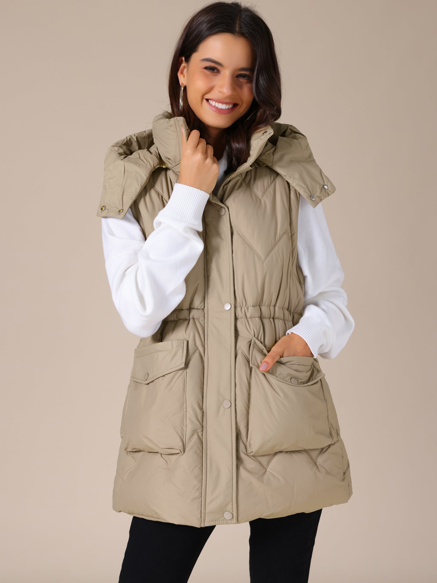 Quilted Long Bodywarmer with Hood for Women