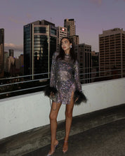 Glitter Sequin Women's Mini Cocktail Dress with Feather Sleeves