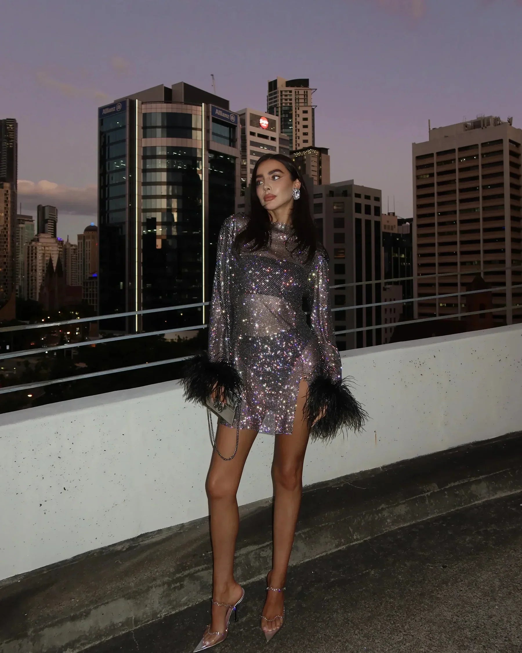 Glitter Sequin Women's Mini Cocktail Dress with Feather Sleeves