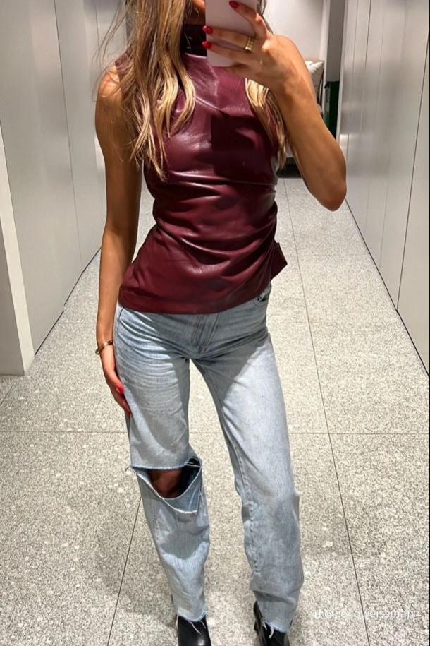 Stylish Women's Leather Top with Sleeveless Design and High Neck