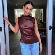 Stylish Women's Leather Top with Sleeveless Design and High Neck