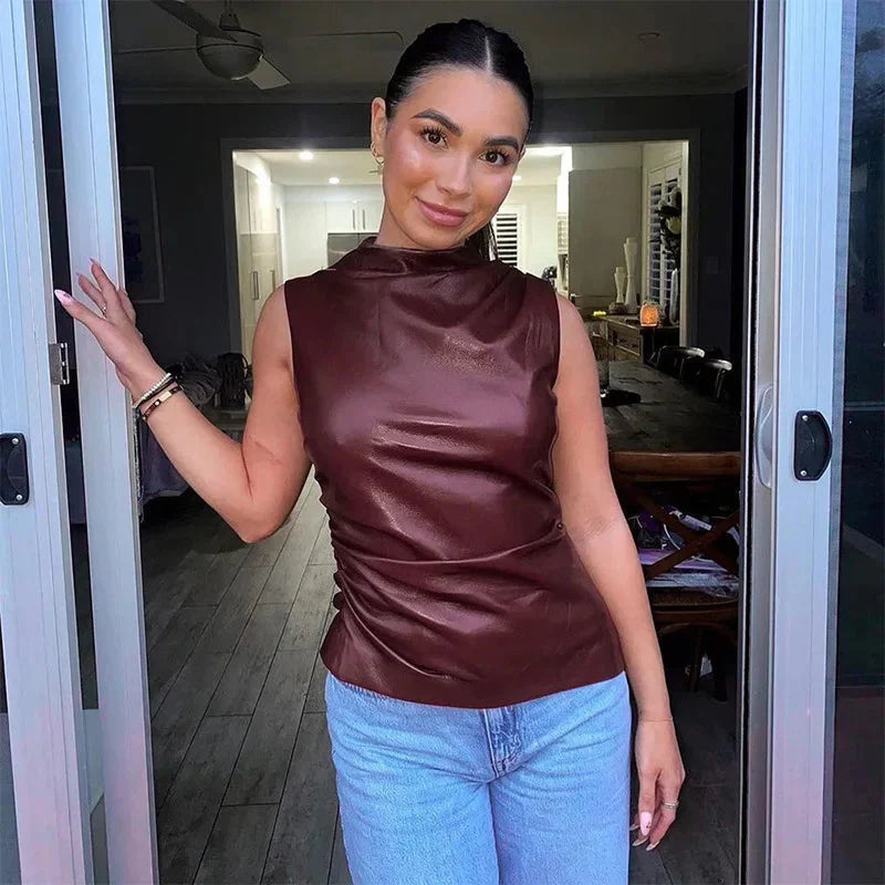 Stylish Women's Leather Top with Sleeveless Design and High Neck