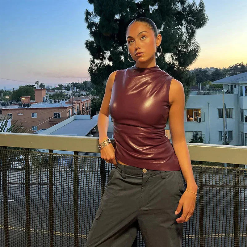 Stylish Women's Leather Top with Sleeveless Design and High Neck
