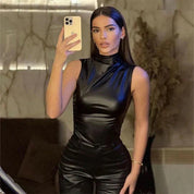 Stylish Women's Leather Top with Sleeveless Design and High Neck