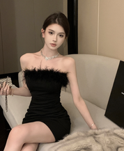 Strapless Mini Dress with Feathers Bodycon Party Dress for Women