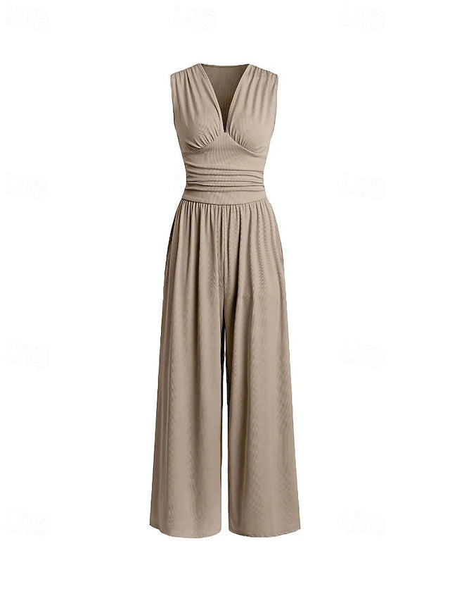 Women's Stylish Jumpsuit with Deep V-Neck and Wide Legs