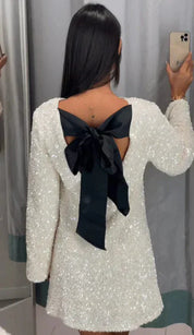 Glitter Chic Women's Mini Cocktail Dress with Open Back and Bow