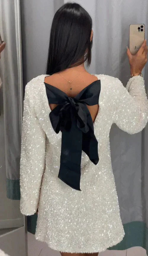 Glitter Chic Women's Mini Cocktail Dress with Open Back and Bow