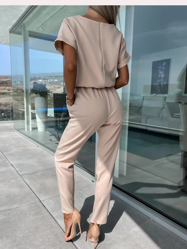 Elegant Jumpsuit Set for Women with Short Sleeves and Belt