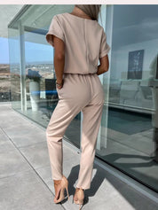 Elegant Jumpsuit Set for Women with Short Sleeves and Belt