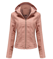 Leather Women's Jacket with Removable Hood and Zipper