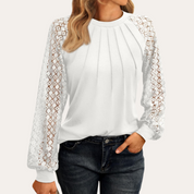 Women's Blouse with Lace Sleeves and Pleated Neckline