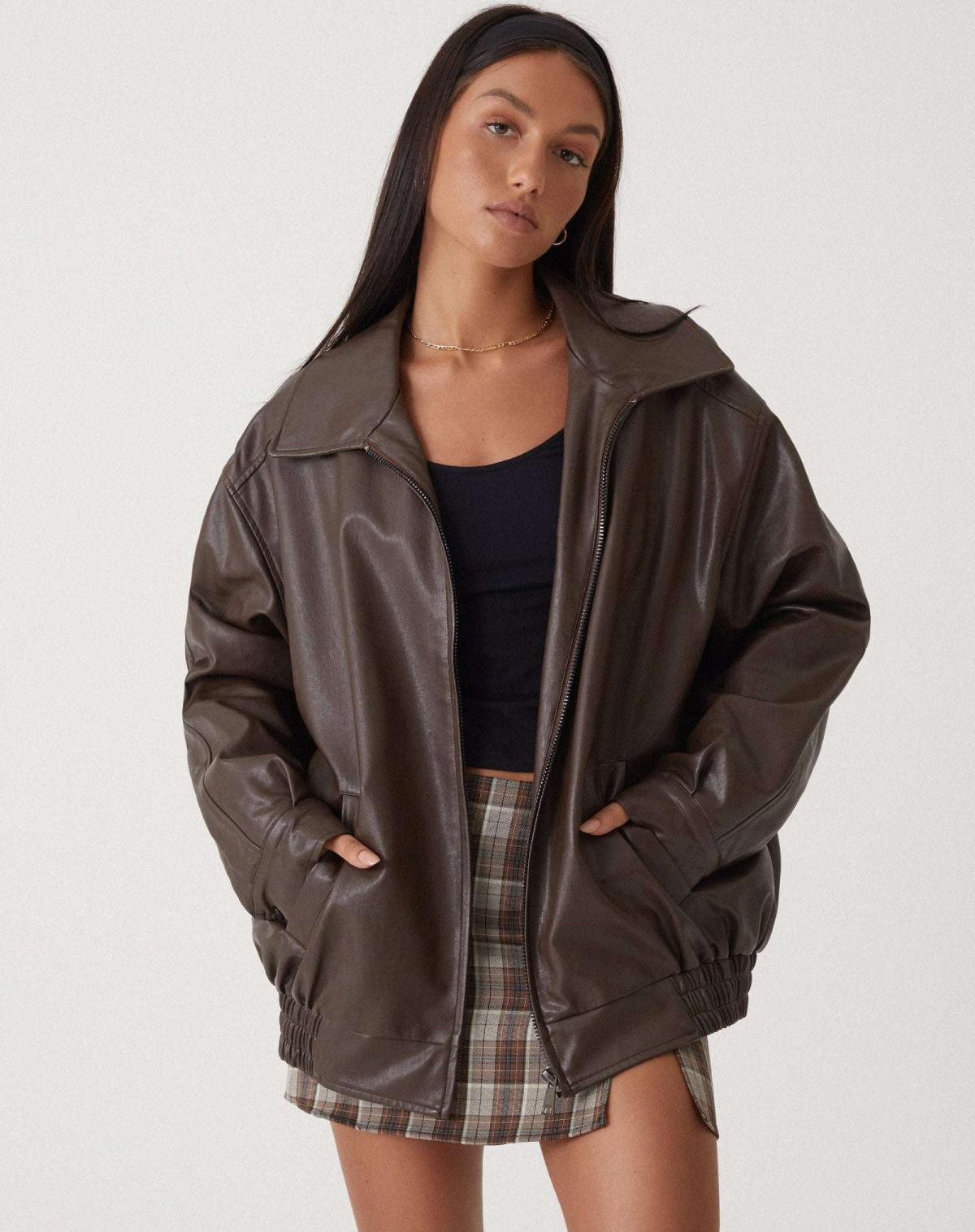 Oversized Women's Leather Jacket with Zipper