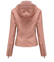 Leather Women's Jacket with Removable Hood and Zipper